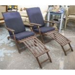 STEAMER CHAIRS, a pair, painted hardwood, folding and adjustable with faded cushions, 60cm W. (2) (