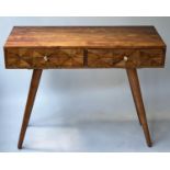 WRITING/SIDE TABLE, 1960's style acacia block fronted with two frieze drawers, 100cm x 40cm x 81cm.