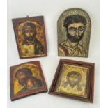 GREEK ORTHODOX ICONS, four, three hand painted on wood, tallest 40cm H x 25cm. (4)