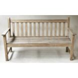 BARLOW TYRIE GARDEN BENCH, weathered slatted teak with flat top arms, 151cm W.