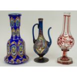 HUQQA BASES, 19th/20th century Bohemian glass, bell shaped with enamel decoration, another clear