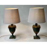 TOLEWARE STYLE TABLE LAMPS, a pair, vase form, green with lion mask handles and oak leaf decoration,