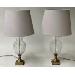 TABLE LAMPS, a pair, Venetian style engraved cut glass and gilt metal base with shades, 76cm H. (2)