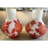 VASES, a pair, white glass overlay, bulb shape with Portland red peonies, 42cm H. (2)
