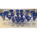 BOHEMIAN STYLE BLUE GLASSWARE, etched blue glass 24 pieces sizes 16cm x 11cm x 9cm H.