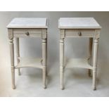 LAMP TABLES, a pair, French Louis XVI design traditionally grey painted each with marble top, drawer