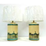 TABLE LAMPS, a pair, glazed ceramic with louvre print, with shades, 61cm H. (2)