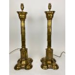 COLUMN LAMPS, a pair, in the manner of A.W.N. Pugin, Gothic revival brass, 70cm H. (2)