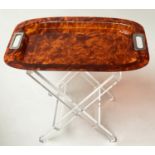 TRAY ON STAND, rectangular faux tortoiseshell with silvered metal handles on folding lucite stand,