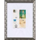 PABLO PICASSO, Postcards with stamps, 10.5cm x 15cm each, framed together. (2)