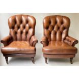 ARMCHAIRS, a pair, 19th century style wingback with hand dyed leaf brown leather upholstery with
