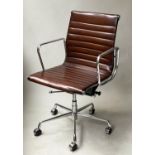 REVOLVING DESK CHAIR, Charles and Ray Eames inspired ribbed leaf brown leather revolving and