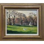 MANNER OF JOHN BELDERSON 'PARKLAND WITH SEAGULLS', oil on canvas, 14cm x 17cm, framed.