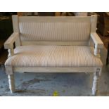 SETTEE, grey painted, with ticking upholstery, 120cm W.
