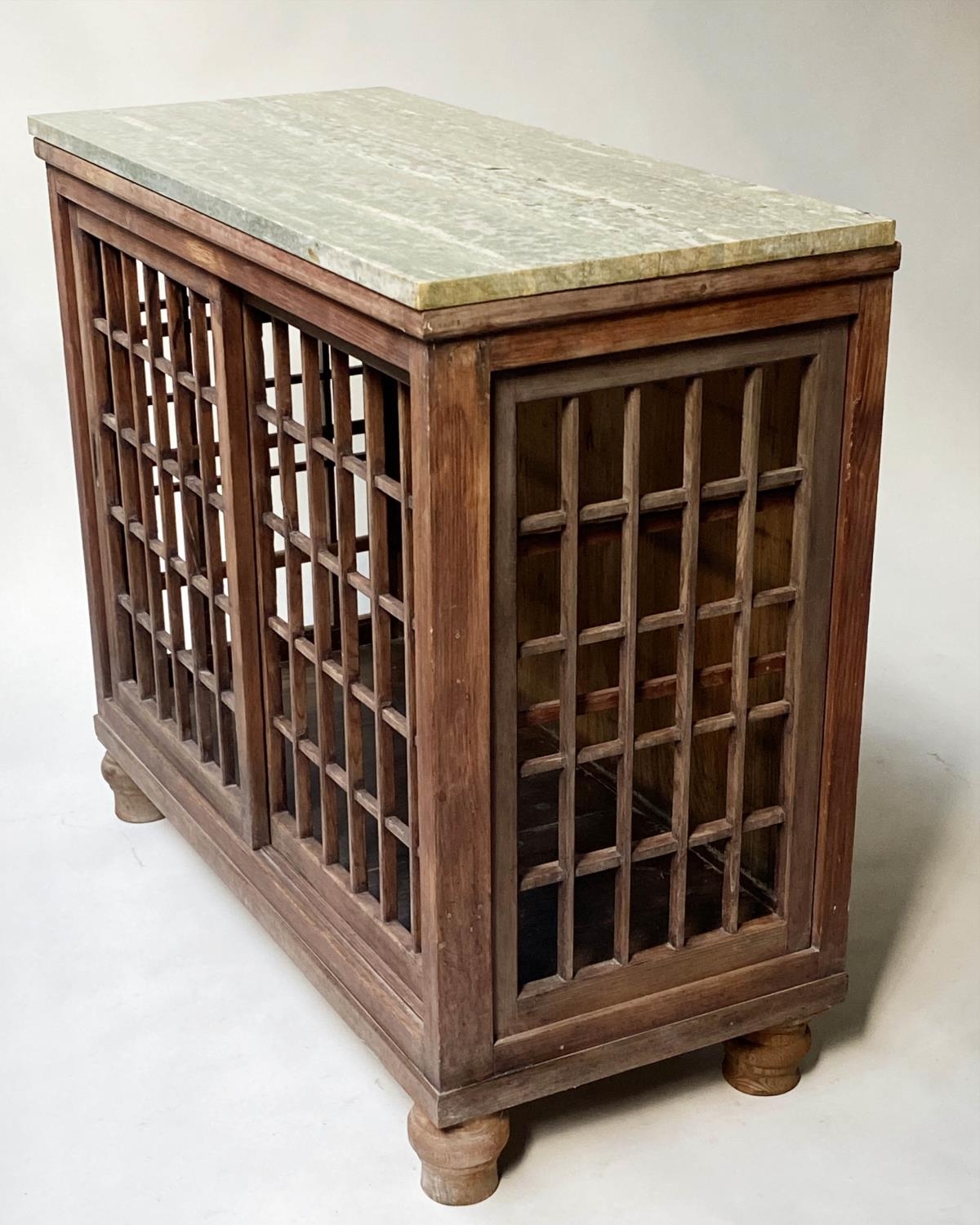 PLATE CABINET, stained deal with lattice sliding doors and marble top and turned feet, 87cm x 40cm x - Image 3 of 7