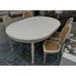 DINING TABLE, Nordic style cream painted 120cm diam unextended, leaf 50cm W and four caned