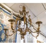 CHANDELIER, gilt metal with five lights and leaf applied branches, 72cm H x 78cm.