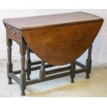 GATELEG TABLE, Georgian mahogany and oak with hinged oval top and single drawer (top probably