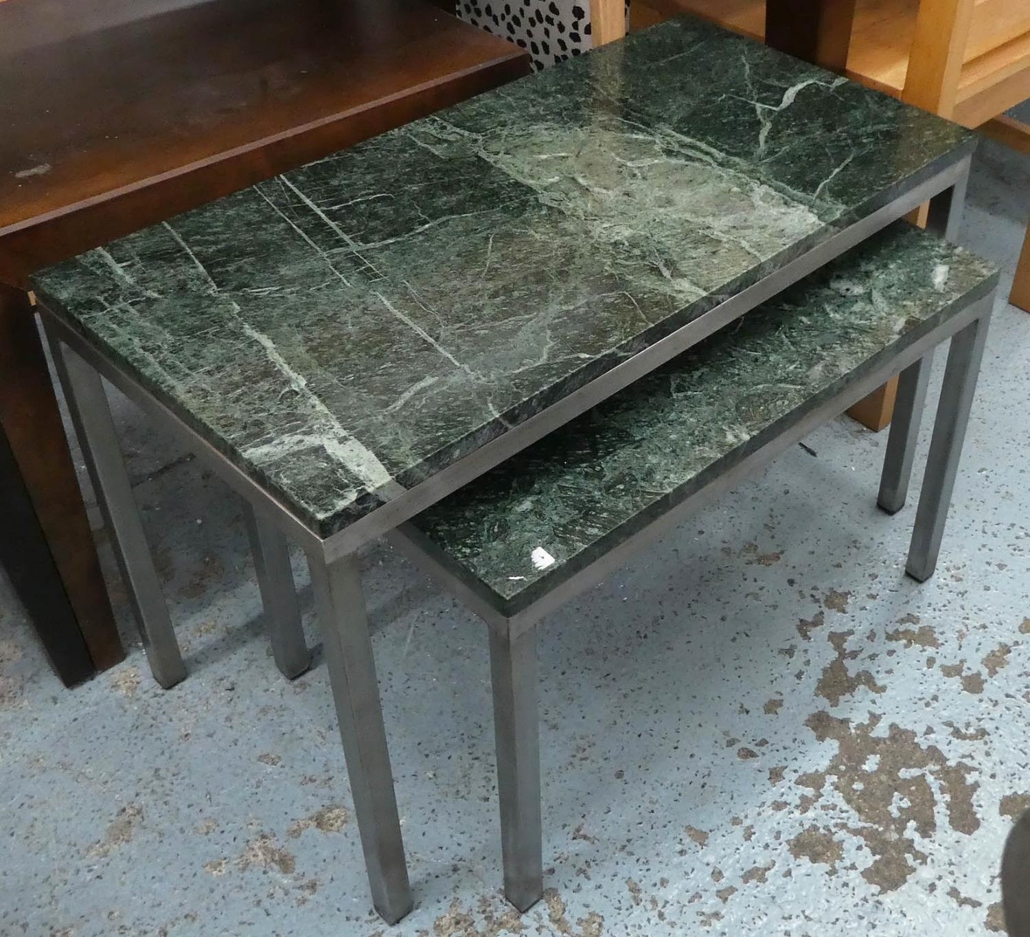 NESTING TABLES, a graduated pair, honed terrazzo tops, 76cm x 38cm x 49cm at largest. (2)