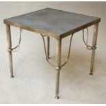 OCCASIONAL TABLE, Regency style silvered metal with grained leather top, 41cm x 41cm x 42cm H.
