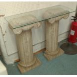 CONSOLE TABLE, contemporary design, two stone columns with glass top, 89cm x 33cm x 82cm.