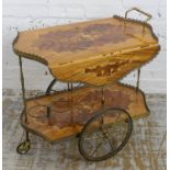 DRINKS TROLLEY, Italianate marquetry and brass mounted with drop flap top, 71cm H x 49cm W x 77cm D,