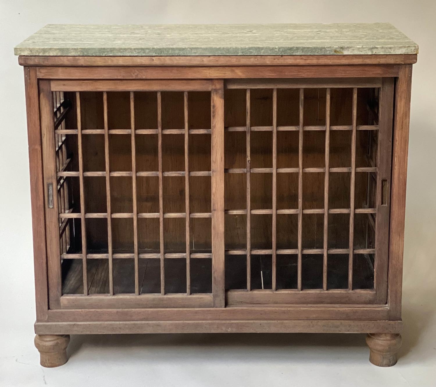 PLATE CABINET, stained deal with lattice sliding doors and marble top and turned feet, 87cm x 40cm x - Image 2 of 7