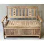 GARDEN BENCH, weathered slatted teak with sloping back and rising seat (storage below), 120cm W.