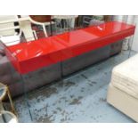 CONSOLE TABLE, red glass top, 46cm D x 95cm H x 206cm W.