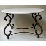 DINING/CENTRE TABLE, circular variegated white marble top on bronze scroll supports, 135cm W x