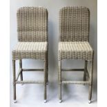 BAR STOOLS, a pair, two tone grey rattan and iron framed, 117cm H seat 73cm H. (2)