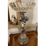 CENTRE PIECE, 19th century French style, polished metal putti holding glass bowl, 49cm H.