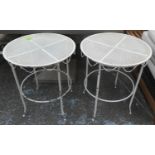 GARDEN SIDE TABLES, a pair, 1950's French style, aged white painted finish, 74cm H x 60cm diam. (2)