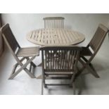 GARDEN TABLE AND CHAIRS, weathered teak slatted circular folding together with four weathered teak