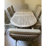 GARDEN SUITE, weathered slatted teak, rounded rectangular with one additional leaf, eight folding