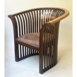 ARMCHAIR, Hoffman style curved round back teak slatted with studded leather seat (Vienna