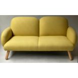 SOFA, contemporary pale yellow stitched felt with padded back and arms and splay supports, 160cm W.