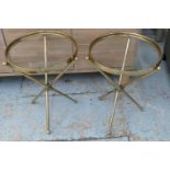 SIDE TABLES, a pair, 1950's Italian style tripod design, gilt metal and glass, 75cm H. (2)