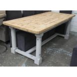 REFECTORY TABLE, pine with scrubbed natural top on grey painted legs, 76cm H x 200cm W x 90cm D.