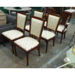 DINING CHAIRS, a set of six, with fleur de lys patterned upholstery on fluted turned front supports,