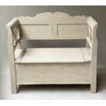 SCANDINAVIAN SETTLE, 19th century Scandinavian grey painted with rising seat and shaped panel