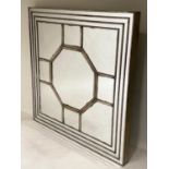 WALL MIRROR, Art Deco style square silvered wood framed with octagonal centre and triple layered