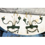 WHEATSHEAF WALL LIGHTS, a pair, neo classical style brass and green painted, 56cm H x 36cm W. (2)