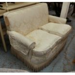 SOFA, of compact proportions, cream damask with bullion fringe, 125cm W.