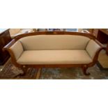 SOFA, Biedermeier mahogany with scrolled sides on short swept feet, 214cm L x 93cm H. (with faults)