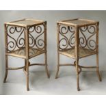 LAMP TABLES, a pair, rattan, cane panelled and cane bound, square with scroll sides and two tiers,