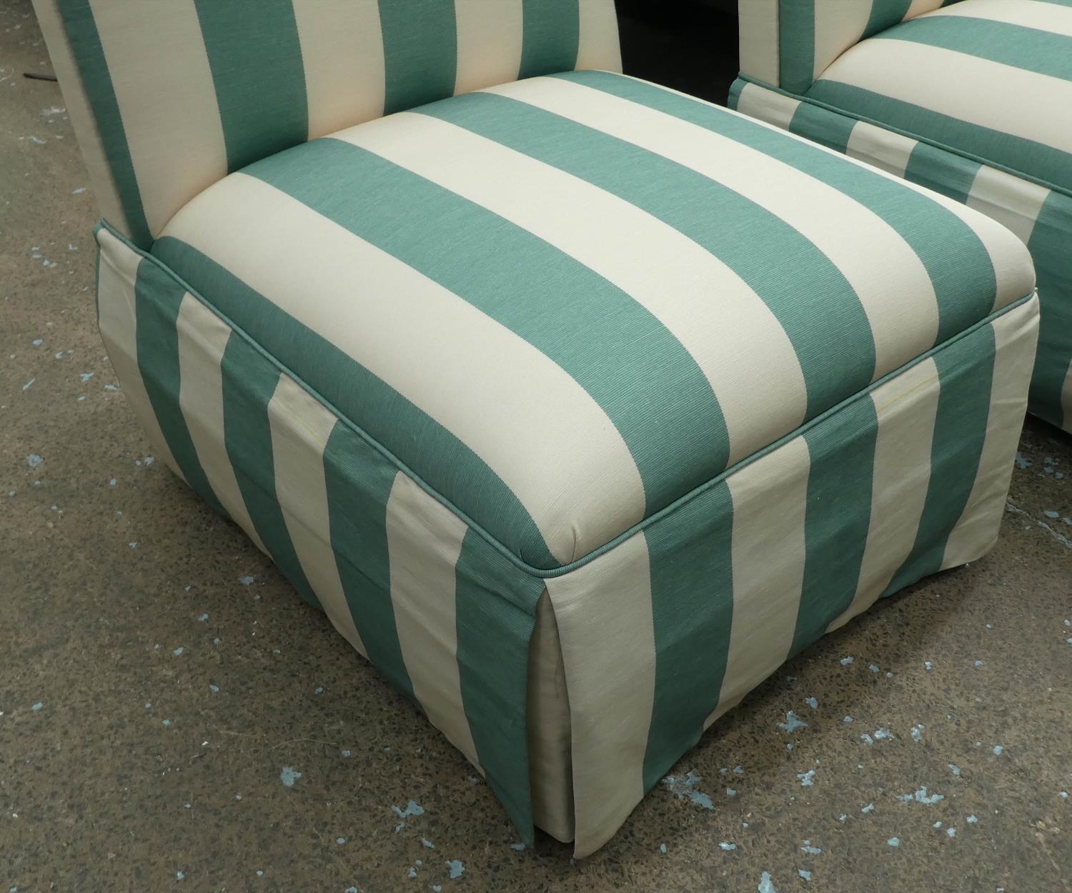 DAVID SEYFRIED EASY CHAIRS, a pair, in a striped fabric, 65cm x 84cm H. (2) - Image 2 of 6