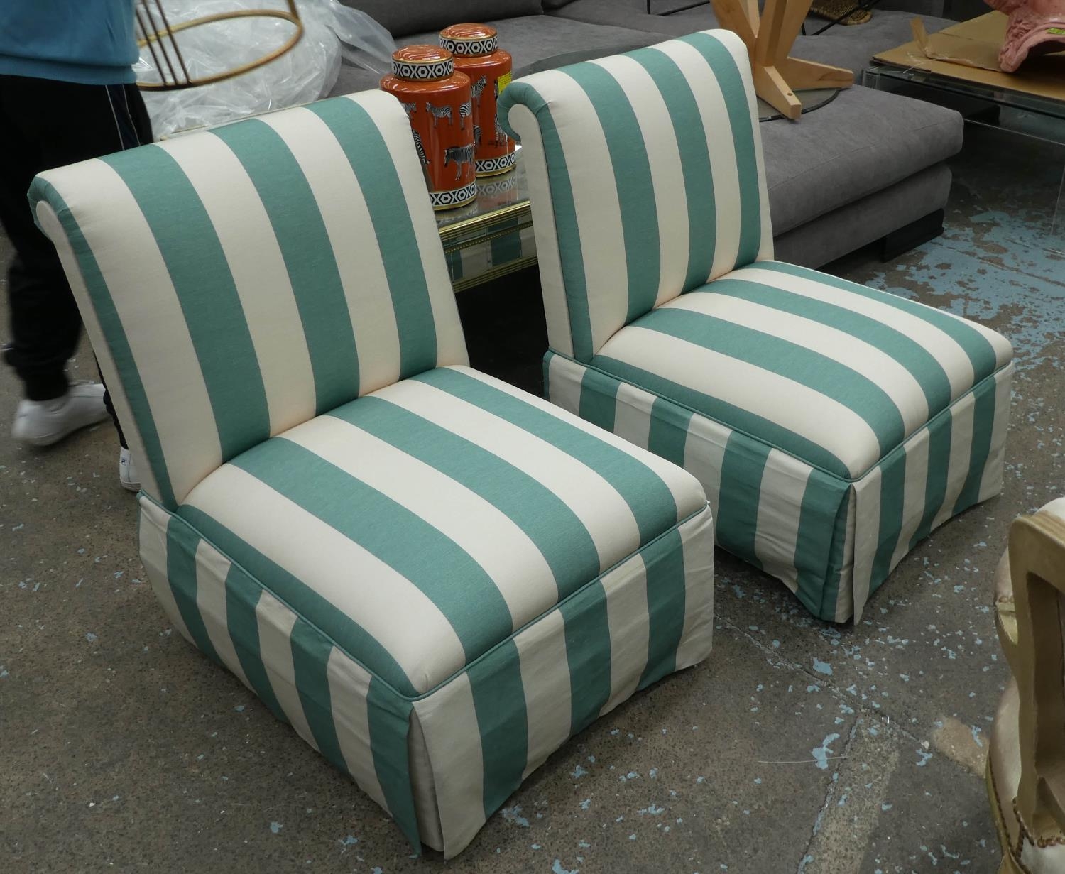 DAVID SEYFRIED EASY CHAIRS, a pair, in a striped fabric, 65cm x 84cm H. (2)