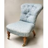 SLIPPER CHAIR, Victorian two tone sapphire blue twill with Cope & Collins patent castors, 53cm W.