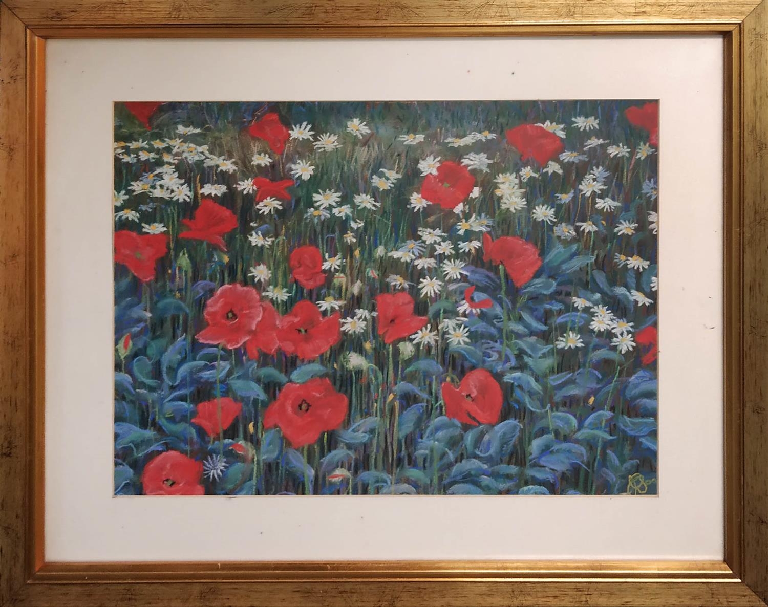 JAMIE SIMPSON, 'The Poppie Field', pastel on paper, 31cm x 41cm, framed.